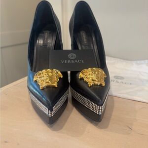 Versace Black Heels with Gold Medusa Accents